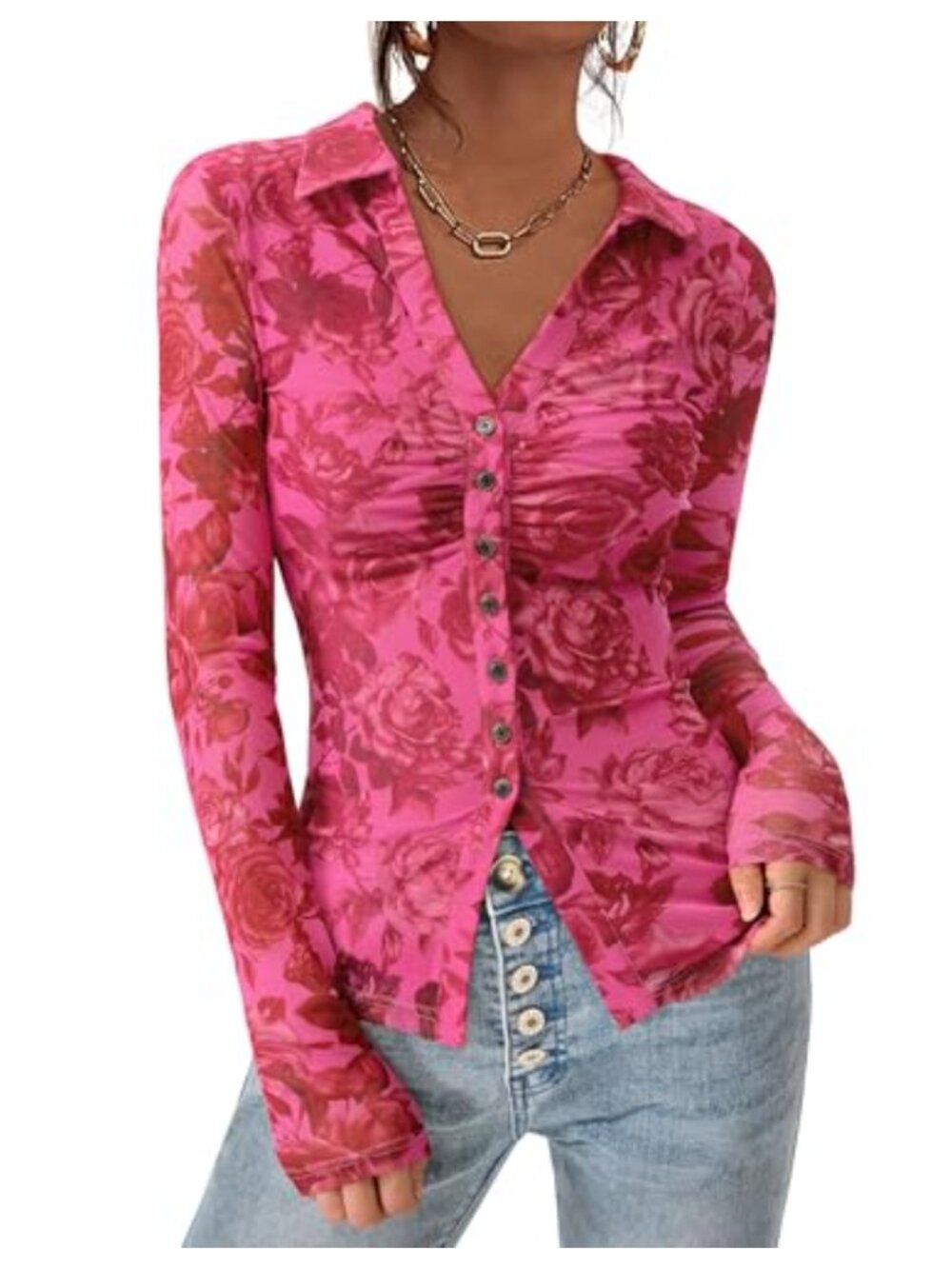 Women's Button Down Floral Blouse Long Sleeve V-Neck Boho Top